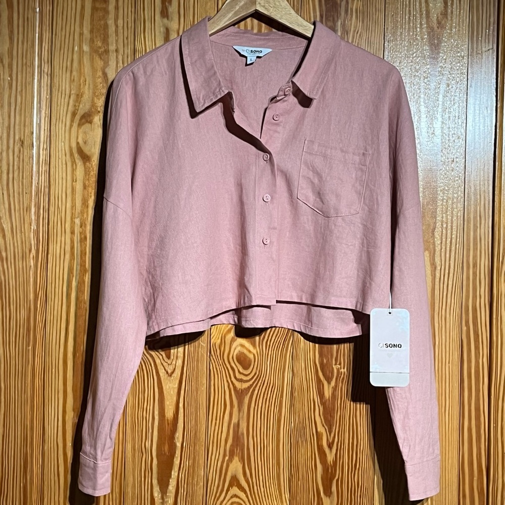 Cisono Los Angeles Linen Blend Cropped Button Up Shirt Long Sleeve Drop Shoulder